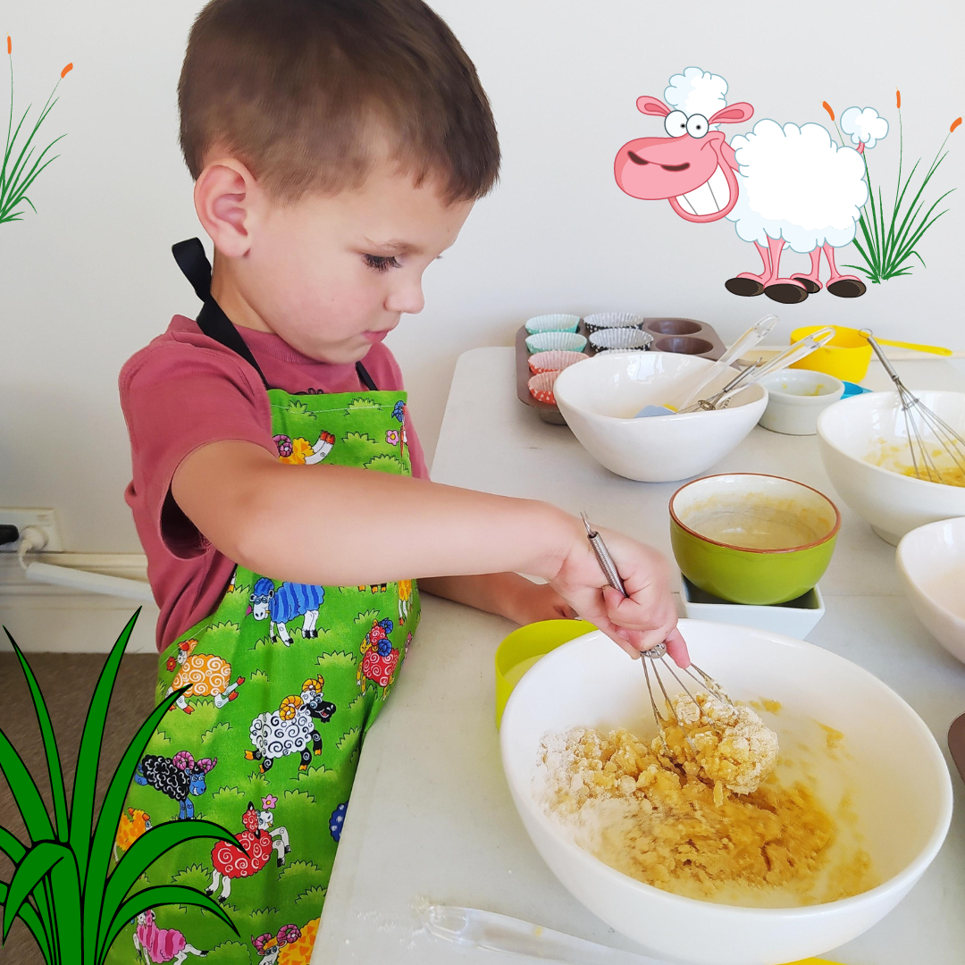Children's Apron Kiwiana Farm Fun Sheep Green